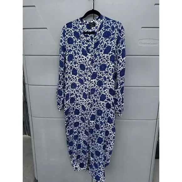 Natalie Martin Indigo Floral Hand-Dyed 100% Silk Kaftan Dress Sz L Double Slit - Picture 2 of 11